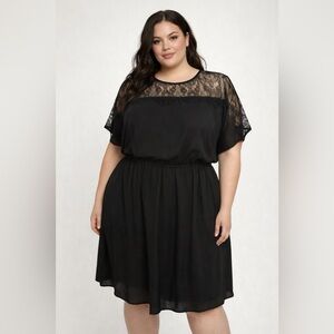 Maitai Black Lace Yoke Chiffon Dress | Elastic Waist | Short Sleeve (1160-6)